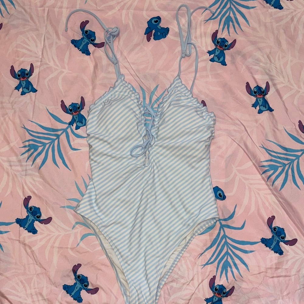 Light Blue & White Striped One-Piece Swimsuit
